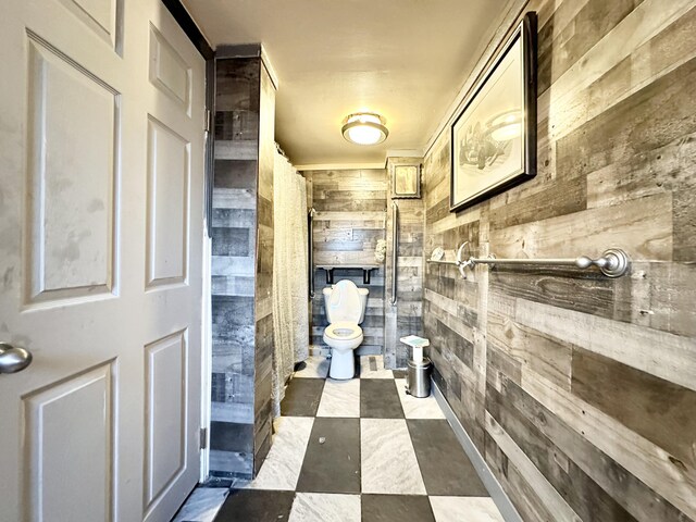 2715 Duck Lake Rd N, Highland, MI 48356 - full bathroom featuring toilet, wood walls, and a shower with shower curtain