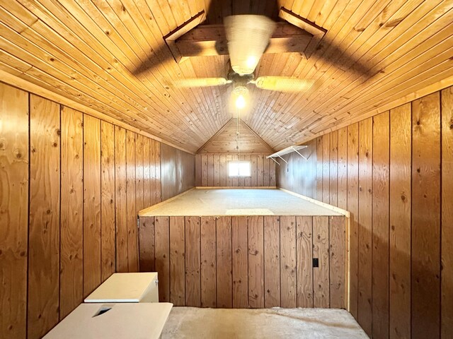 2715 Duck Lake Rd N, Highland, MI 48356 - bonus room with wood ceiling, wood walls, lofted ceiling, and carpet floors