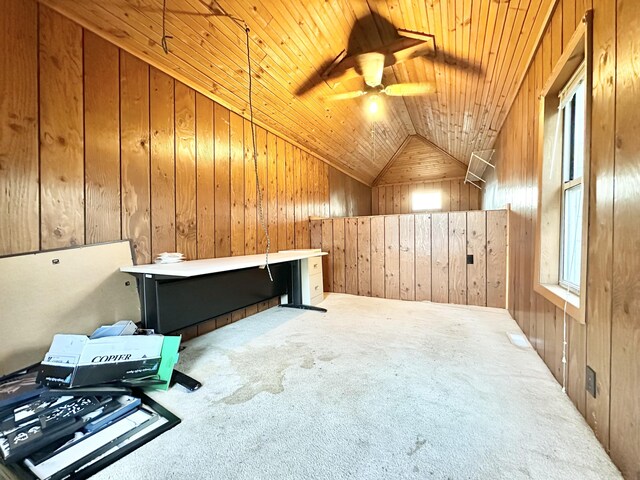 2715 Duck Lake Rd N, Highland, MI 48356 - additional living space with carpet, vaulted ceiling, wooden walls, a ceiling fan, and wood ceiling
