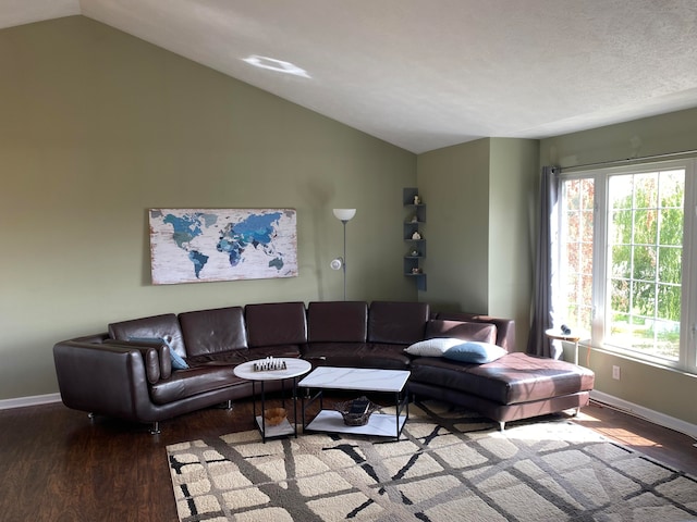 living room featuring hardwood / wood-style flooring and lofted ceiling