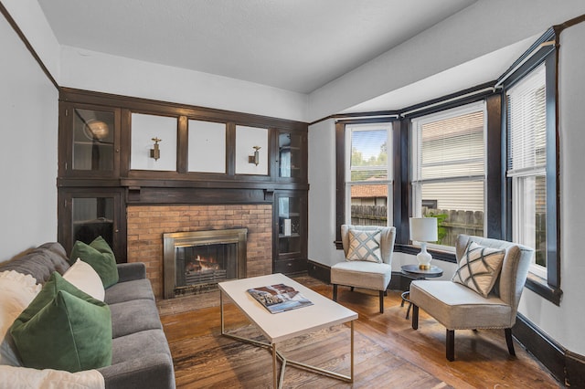 living room with a fireplace and dark hardwood / wood-style flooring