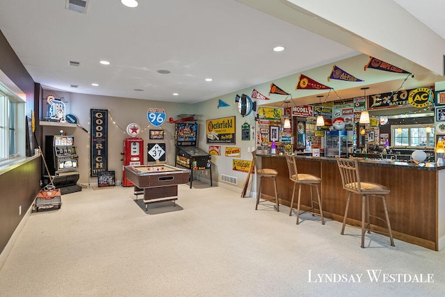 bar with light carpet and pool table