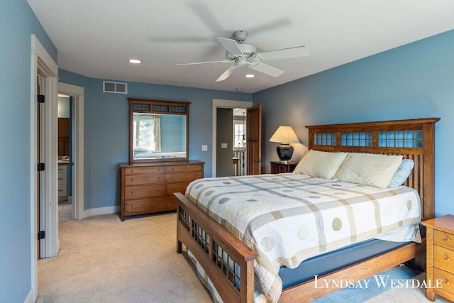 carpeted bedroom with ceiling fan