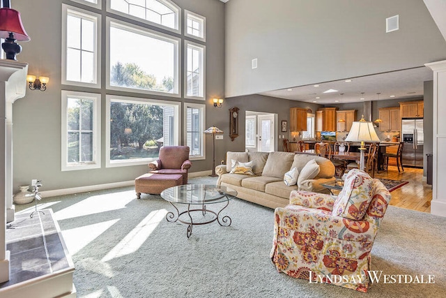 living room featuring a high ceiling and light hardwood / wood-style flooring