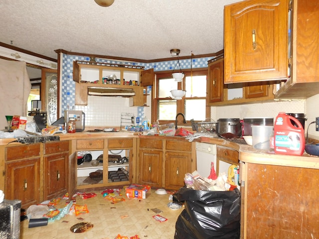 kitchen with white appliances, a textured ceiling, extractor fan, crown molding, and pendant lighting