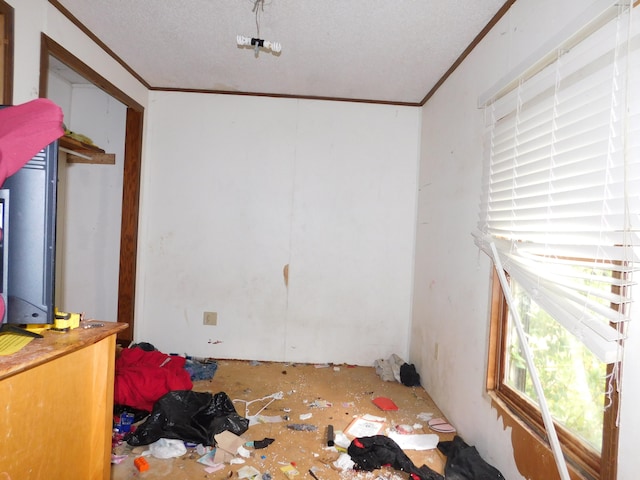 bedroom with ornamental molding and a textured ceiling