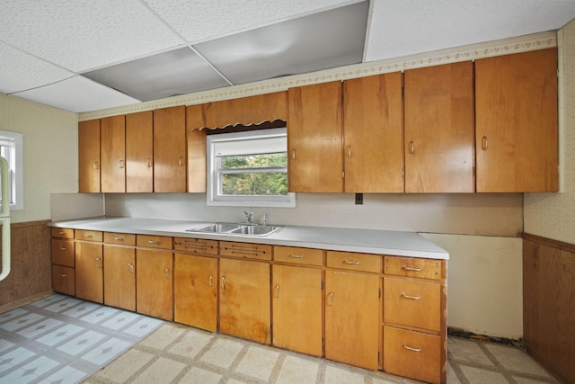 kitchen with a drop ceiling, sink, and wooden walls