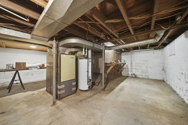 basement featuring gas water heater and heating unit