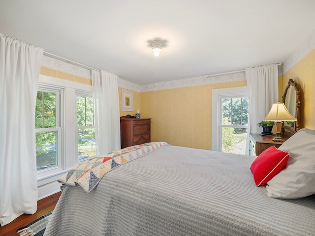 bedroom with dark hardwood / wood-style floors