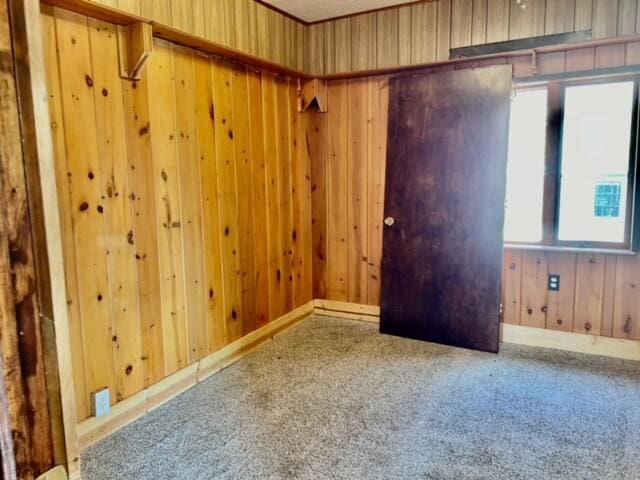 unfurnished room with carpet flooring and wooden walls