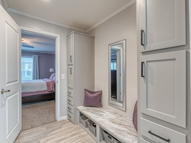 mudroom featuring ornamental molding, a textured ceiling, and light hardwood / wood-style flooring