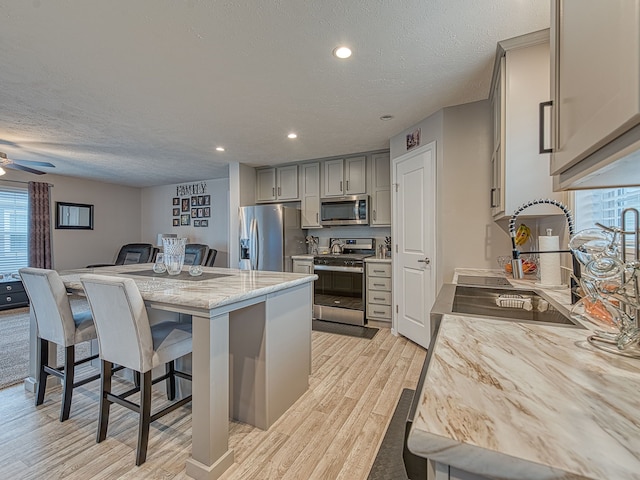 kitchen with gray cabinetry, light hardwood / wood-style floors, sink, and appliances with stainless steel finishes