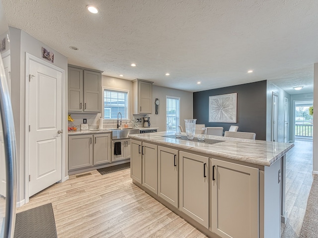 kitchen featuring gray cabinetry, a center island, a wealth of natural light, and light hardwood / wood-style flooring