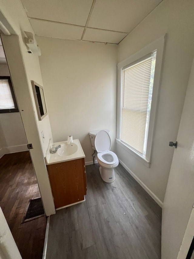 bathroom featuring hardwood / wood-style floors, vanity, a drop ceiling, and toilet