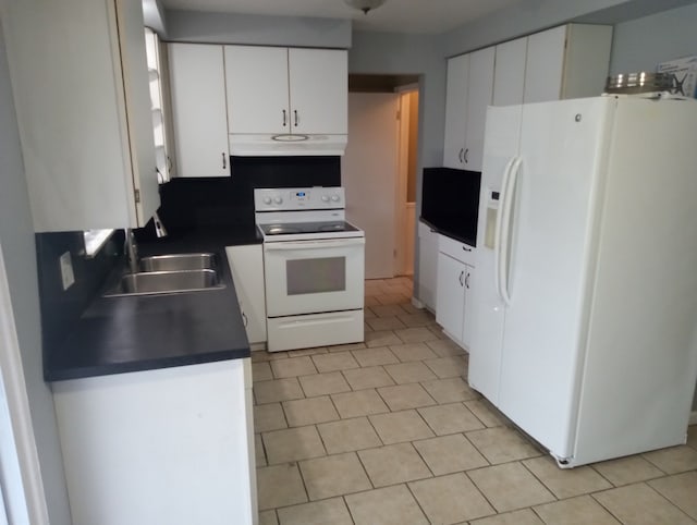 kitchen with white cabinets, white appliances, and sink