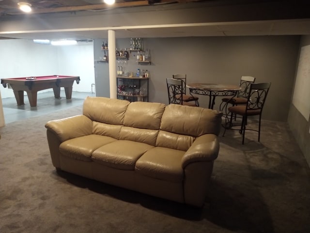 interior space featuring carpet, bar area, and billiards