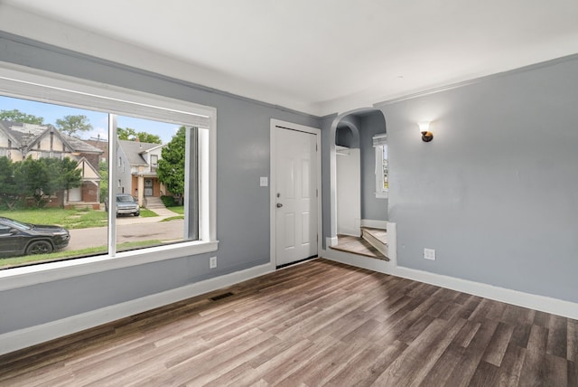 unfurnished room with wood-type flooring and a healthy amount of sunlight