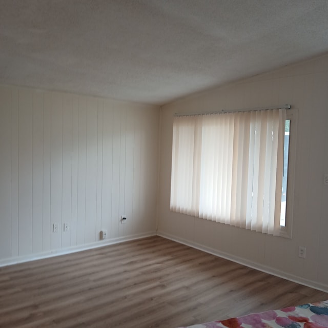 empty room with hardwood / wood-style floors and a textured ceiling