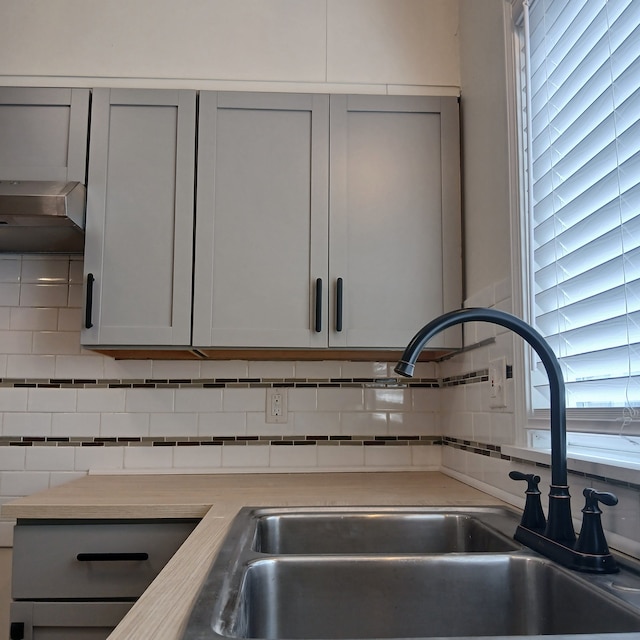 interior details with decorative backsplash, range hood, and sink