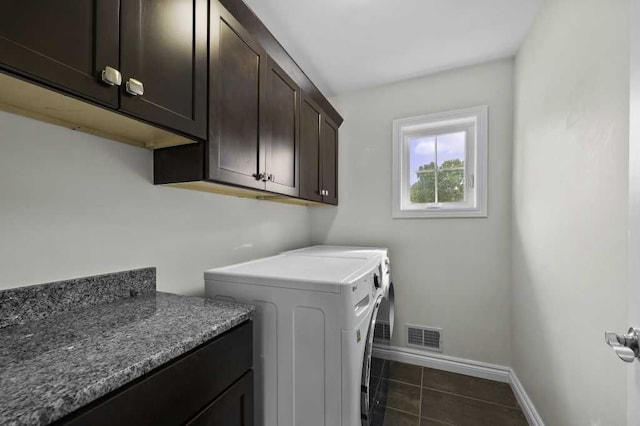 laundry area featuring dark tile patterned flooring, cabinets, and washing machine and clothes dryer