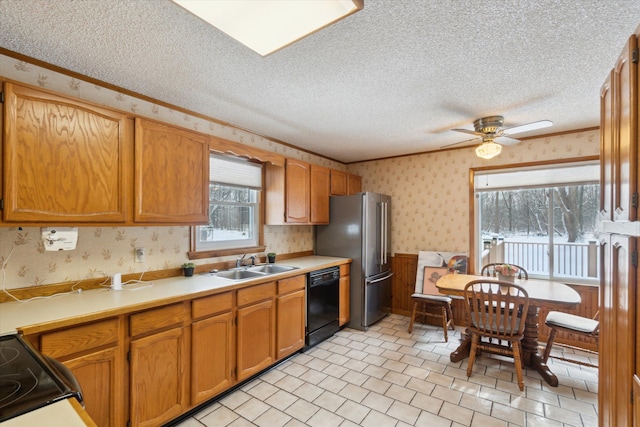 kitchen with ornamental molding, appliances with stainless steel finishes, sink, and ceiling fan