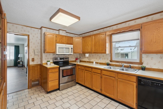 kitchen with dishwasher, sink, ornamental molding, and electric stove