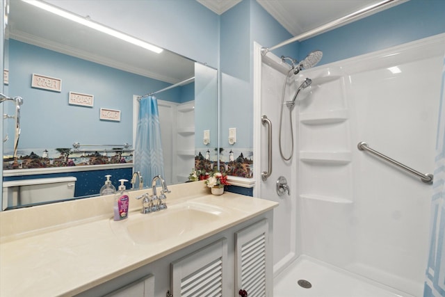 bathroom featuring crown molding, vanity, and a shower with curtain