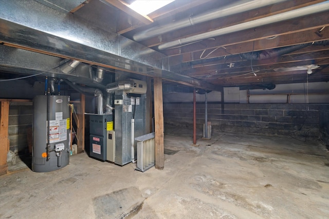 basement with heating unit and water heater