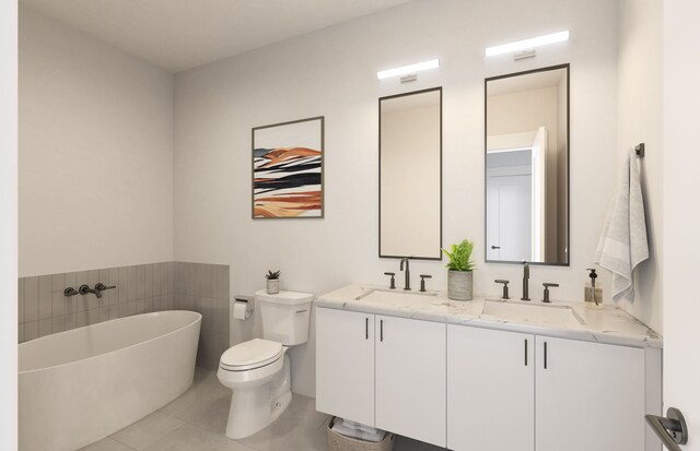 bathroom with tile patterned flooring, toilet, a bathing tub, and vanity