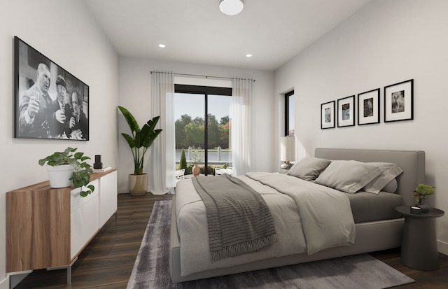 bedroom with access to outside and dark wood-type flooring