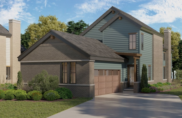 267 Keelson Dr, Detroit, MI 48215 - view of front facade with concrete driveway, an attached garage, brick siding, a chimney, and a shingled roof