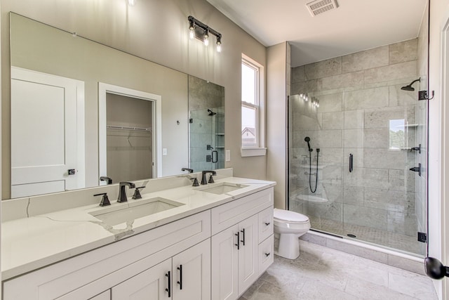 bathroom with toilet, vanity, and walk in shower