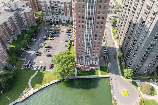 drone / aerial view with a water view