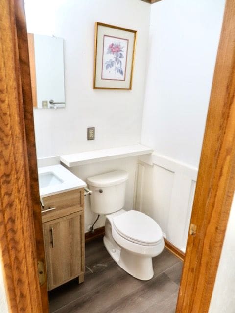 bathroom featuring vanity, toilet, and wood-type flooring