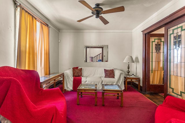 living room featuring ceiling fan, crown molding, and dark wood-type flooring