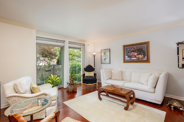 living room with ornamental molding and dark wood-type flooring