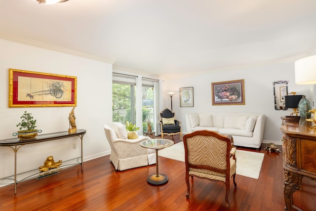 living room featuring crown molding and dark hardwood / wood-style floors