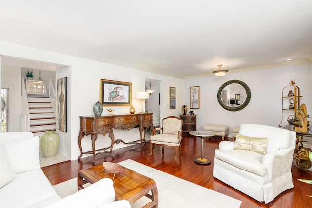 2100 Hyde Park Rd, Detroit, MI 48207 - living room with stairs, ornamental molding, and wood finished floors