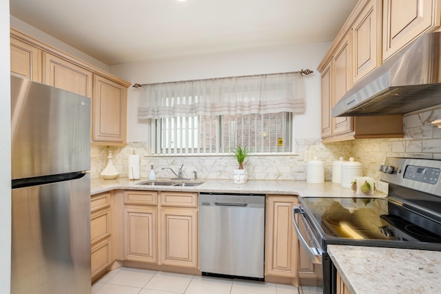 2100 Hyde Park Rd, Detroit, MI 48207 - kitchen featuring appliances with stainless steel finishes, a sink, under cabinet range hood, light brown cabinetry, and decorative backsplash