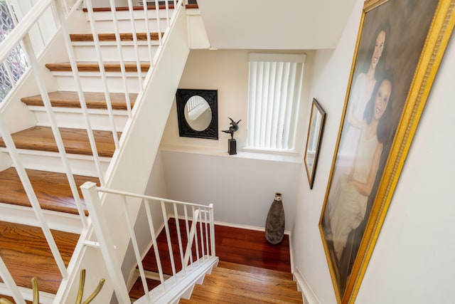 staircase with wood-type flooring and plenty of natural light