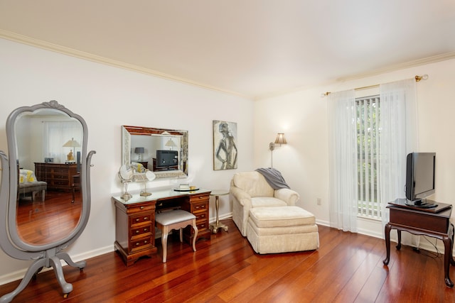 office with dark hardwood / wood-style floors and ornamental molding