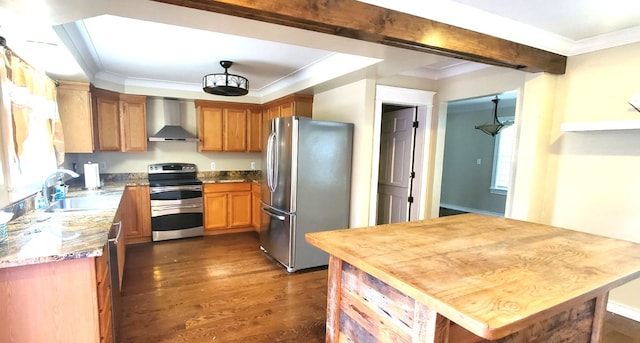 kitchen with ornamental molding, wall chimney exhaust hood, stainless steel appliances, sink, and dark hardwood / wood-style floors