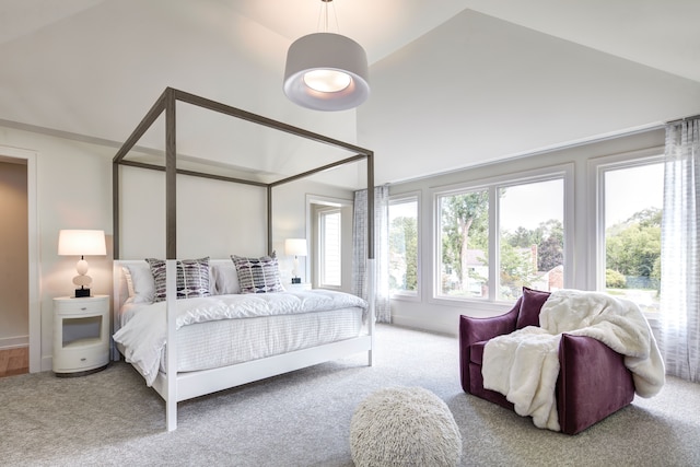 bedroom featuring carpet flooring and high vaulted ceiling