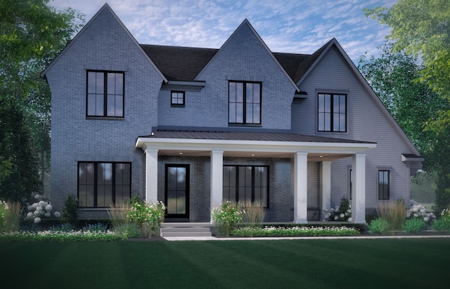 827 Larchlea Dr, Birmingham, MI 48009 - view of front facade with brick siding, a front yard, covered porch, and metal roof