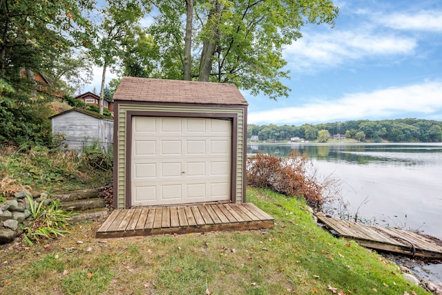 garage with a water view