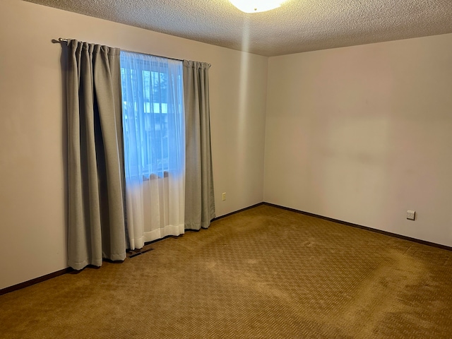 empty room with light colored carpet and a textured ceiling