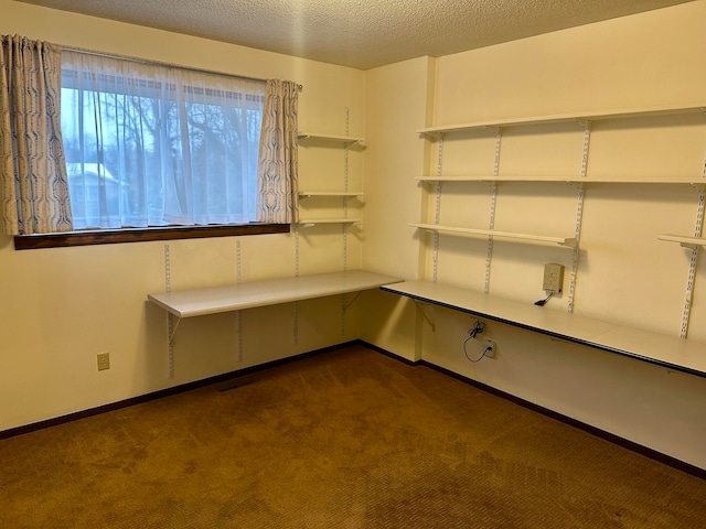 interior space with dark colored carpet and a textured ceiling