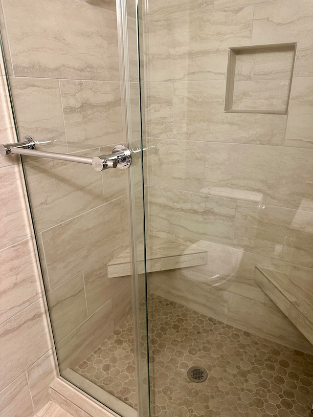 bathroom featuring a shower with shower door