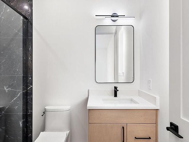 bathroom with a shower, vanity, and toilet