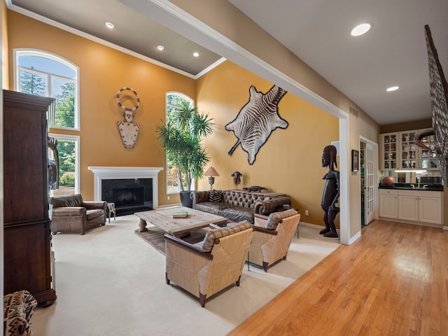 living room with light hardwood / wood-style floors and ornamental molding